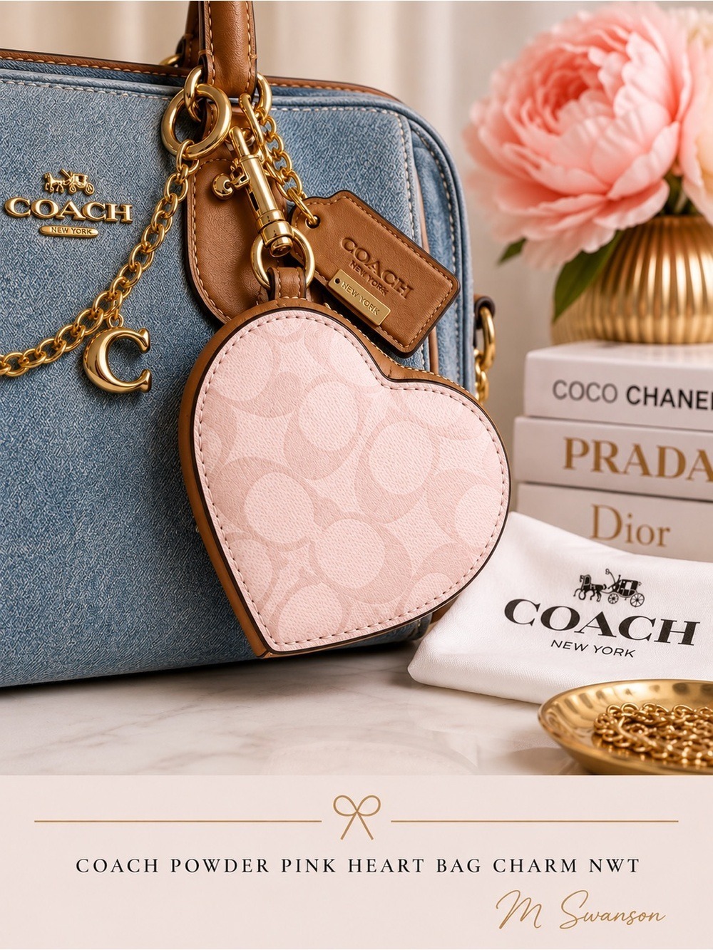 NEW Coach Powder Pink Heart Bag Charm Signature Canvas CEA22 NWT with dust bag